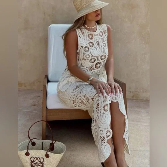 Zara | Dresses | Nwt Zara White Crochet Asymmetric Dress Size Small